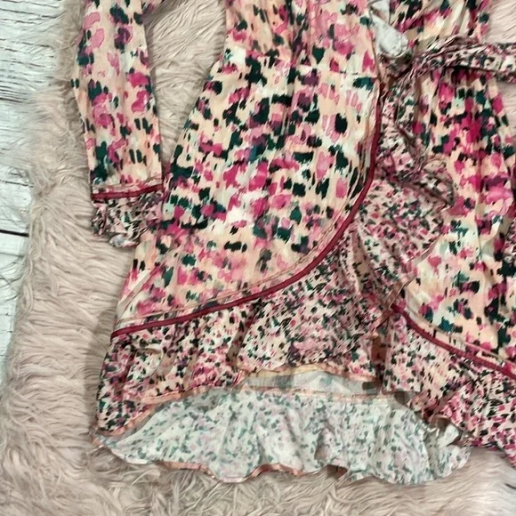 Rococo Sand Mimi Ruffle Trim Long Sleeve Mini Wrap Dress Pink Floral Barbiecore - Picture 4 of 11